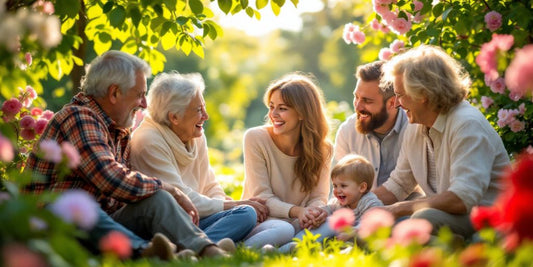 Familietreff i en grønn hage med latter.